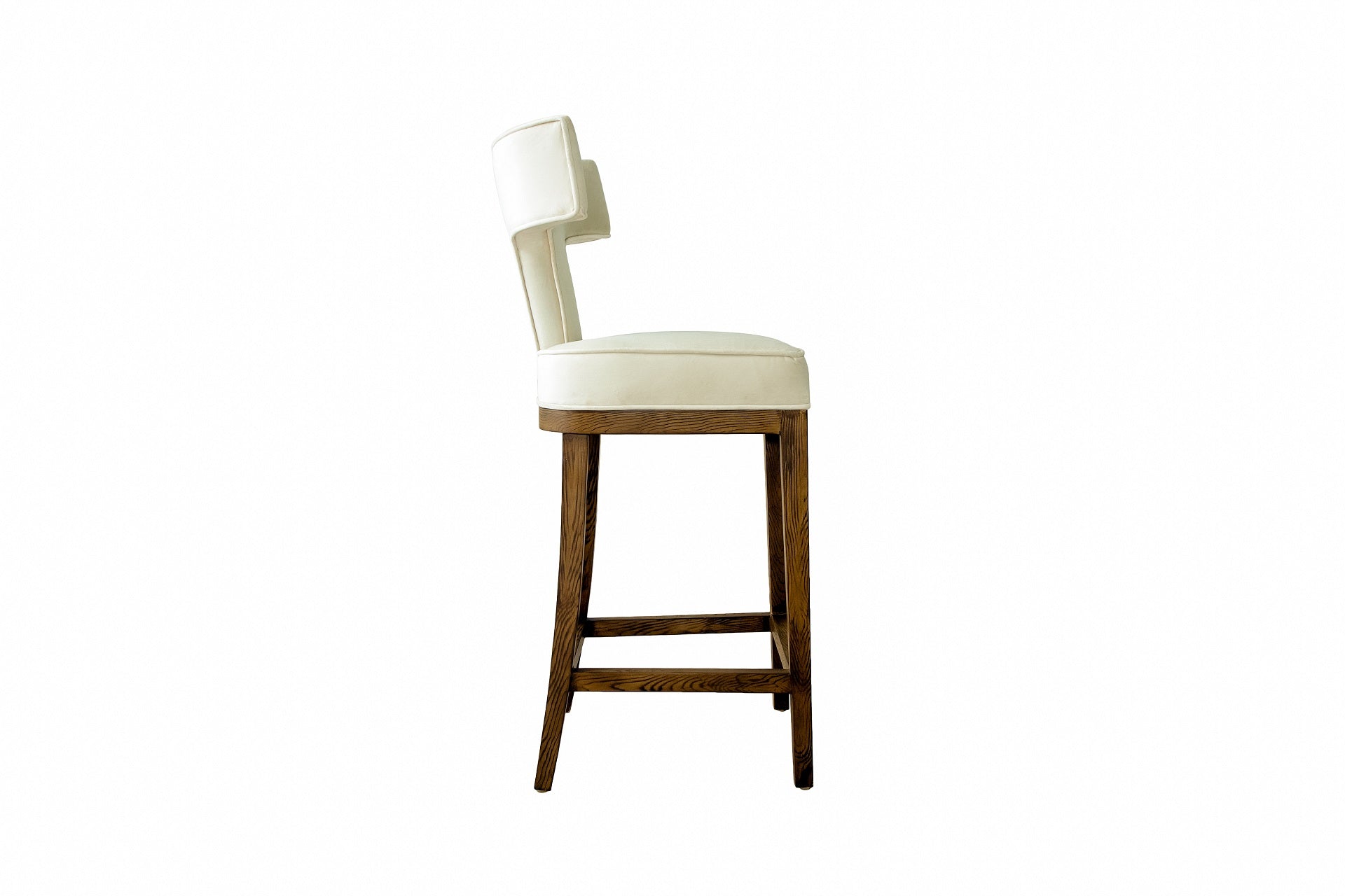 A stylish white bar stool with a wooden back, perfect for modern kitchens or home bars.