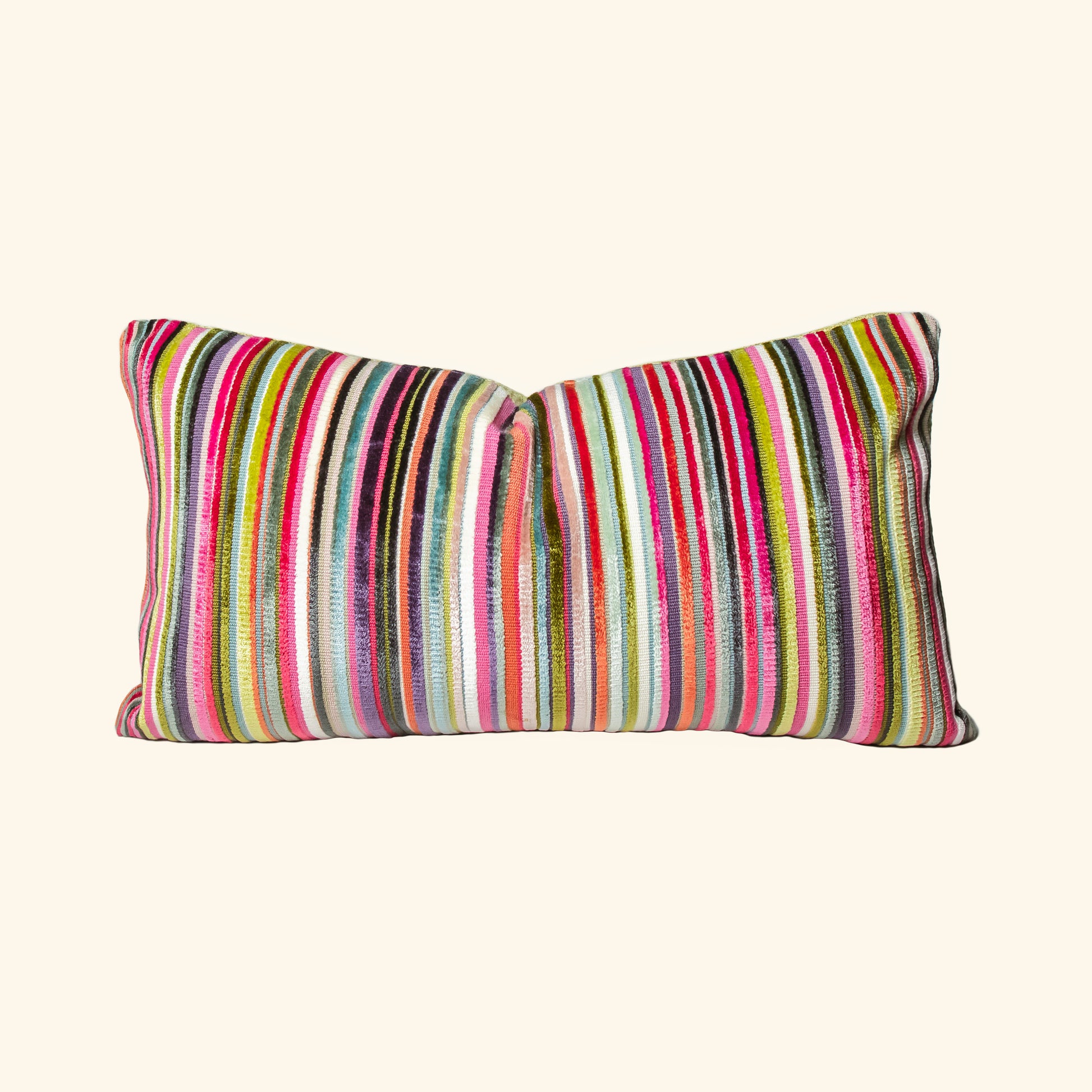 This is a rectangular decorative pillow with colorful vertical stripes. The stripes are vibrant and include shades of red, pink, green, yellow, blue, orange, black, and white, creating a lively and eye-catching design. The fabric texture appears woven, adding a tactile and cozy appearance to the pillow.