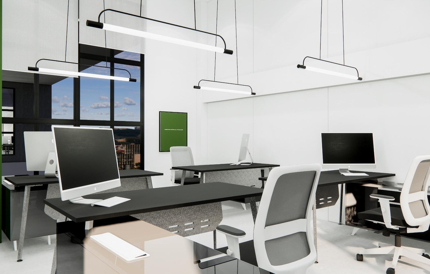 Modern office space with desks, computers, chairs, and hanging lights, with city view through window.