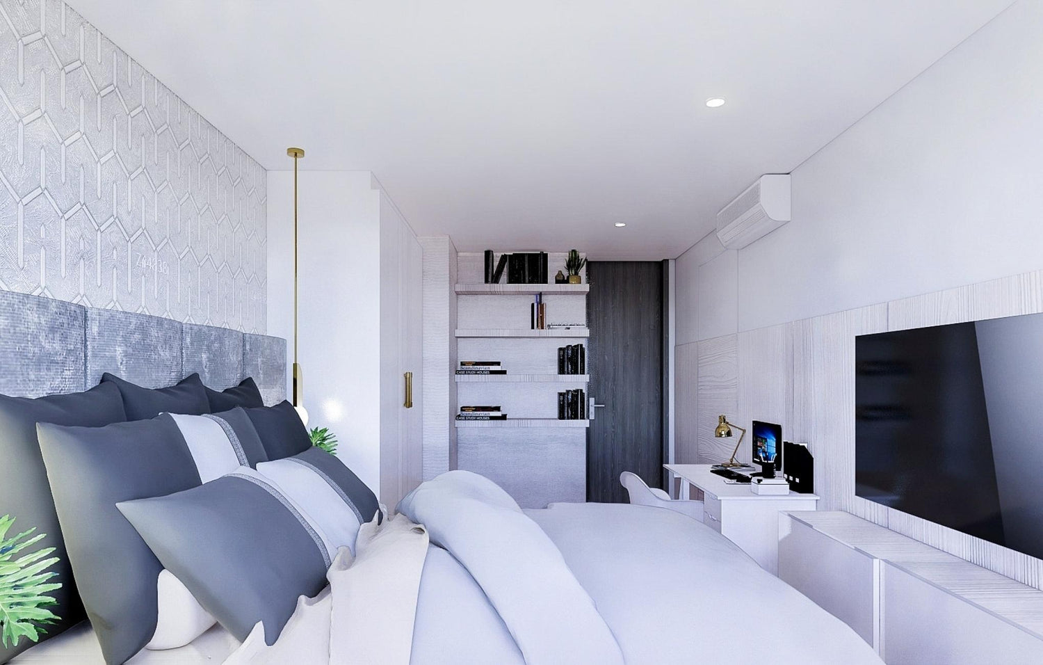 A stylish modern bedroom with a plush bed, a flat-screen TV, and well-organized bookshelves filled with various books.