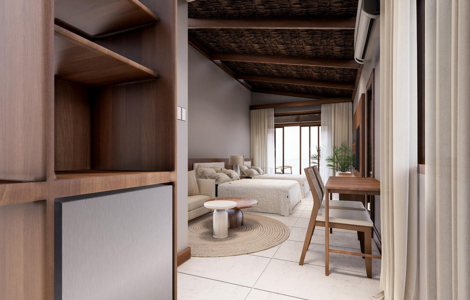Modern room with wooden furniture, beige curtains, a circular rug, and a traditional thatched ceiling.