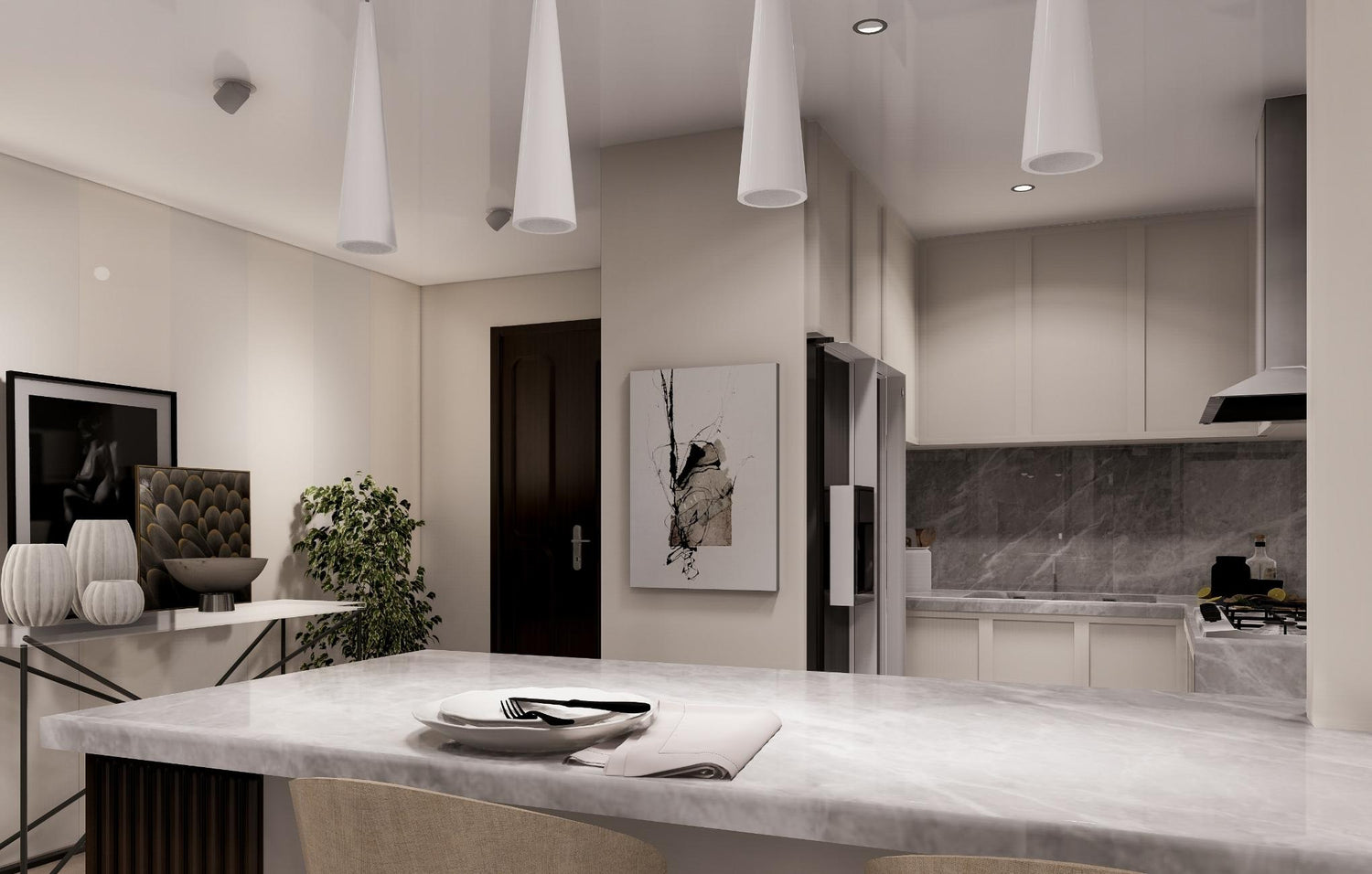 A modern kitchen featuring a sleek marble countertop and elegant white cabinets.