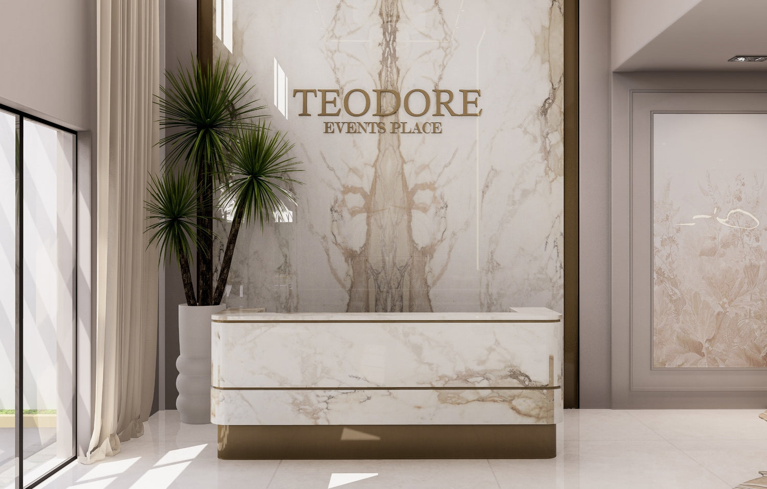 Elegant modern lobby with marble accents, chic furniture, and artistic lighting fixtures.