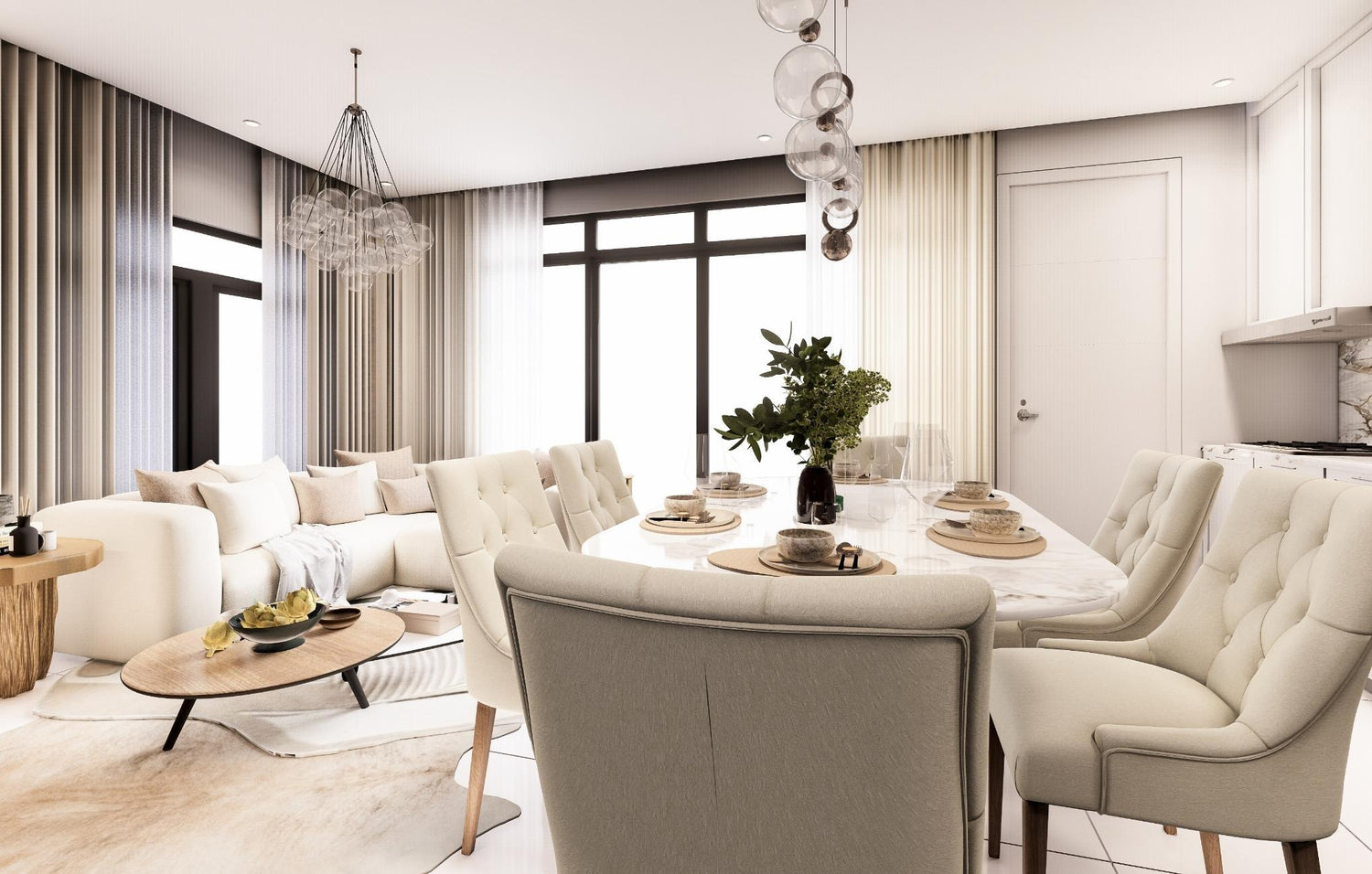  A sleek modern living room featuring white furniture and a stylish dining table, creating a bright and inviting space.
