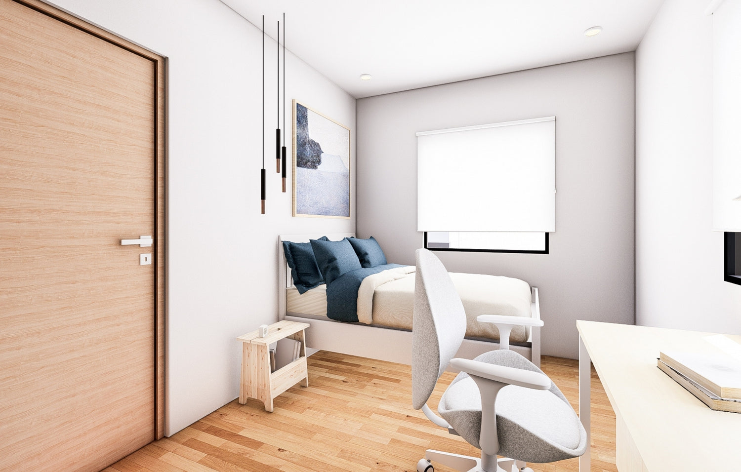 A cozy small bedroom featuring a bed, a desk, and a chair, creating a comfortable and functional space.
