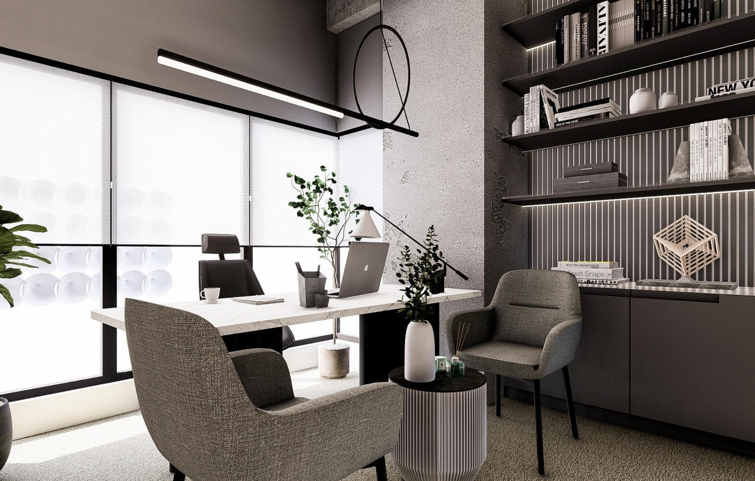 Modern office space with a desk, laptop, armchair, and shelving by a window.