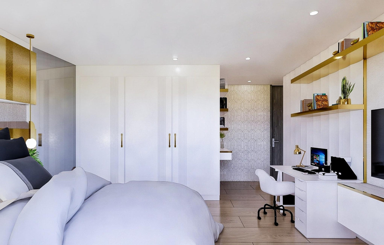 A stylish modern bedroom featuring white walls and elegant gold accents for a chic and inviting atmosphere.