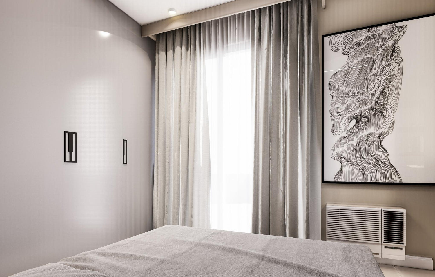  A cozy bedroom featuring a bed and a large picture elegantly displayed on the wall.
