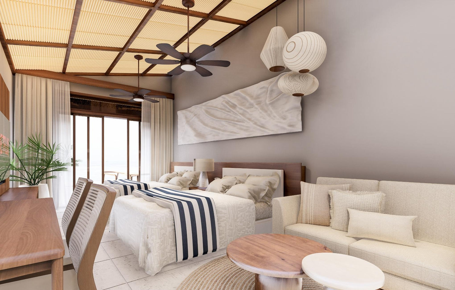 Modern bedroom interior with a bed, sofa, wooden furniture, and ceiling fans