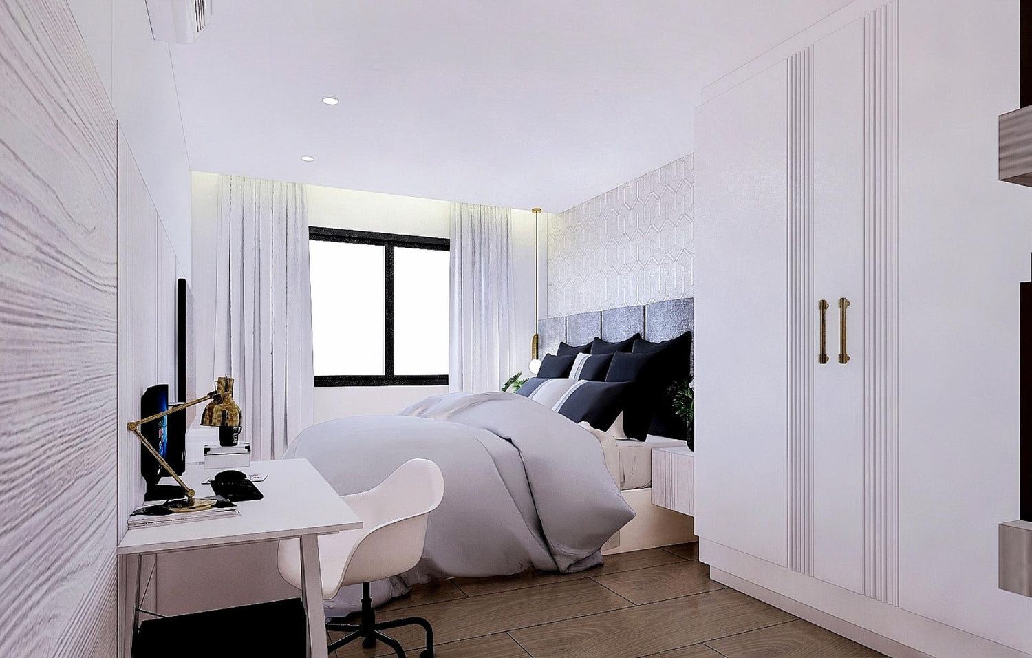  A sleek modern bedroom featuring white walls and a neatly made bed, creating a bright and inviting atmosphere.