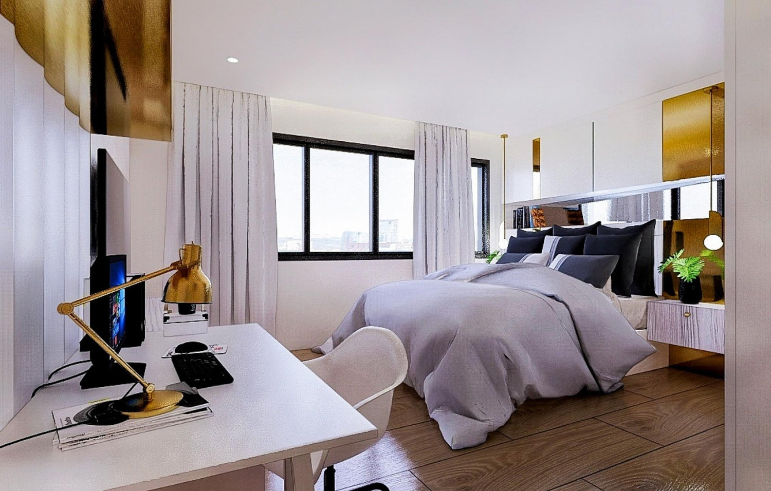 A contemporary bedroom showcasing a neatly made bed, a functional desk, and a chic chair for a perfect living space.