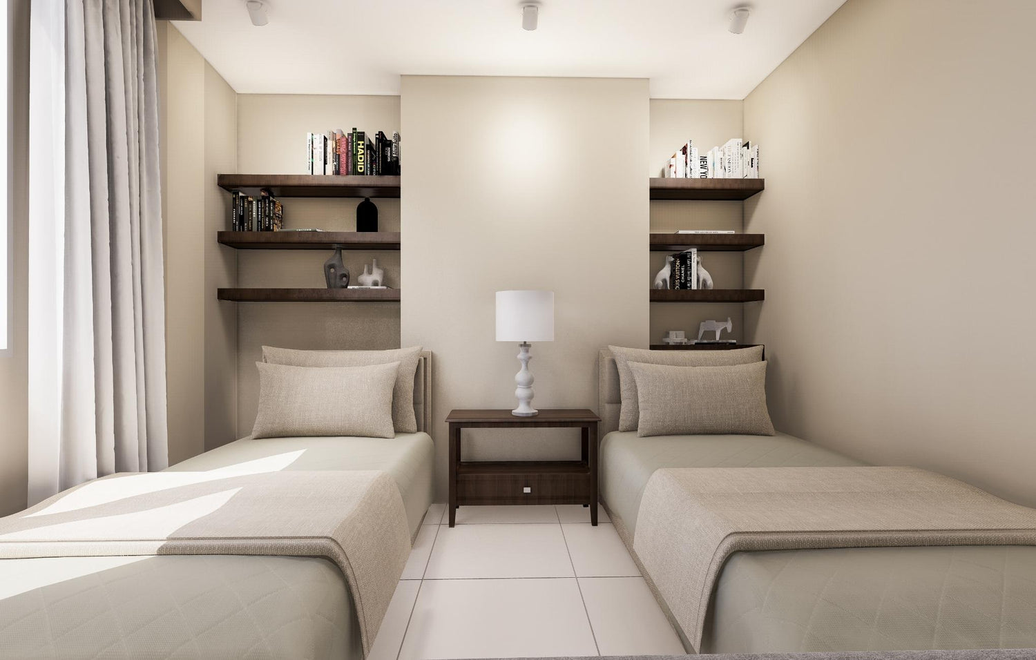  A cozy bedroom featuring two beds and a bookshelf filled with books, creating a welcoming and relaxing atmosphere.