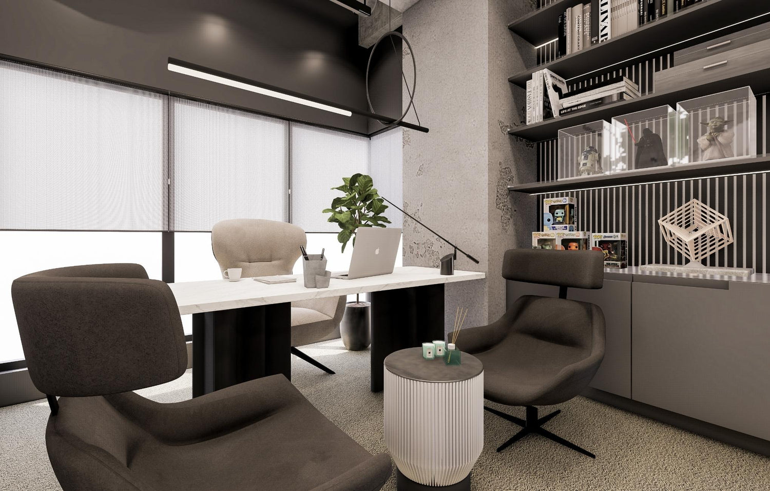 Modern office with desk, chairs, laptop, and bookshelf, lit by overhead linear lights.