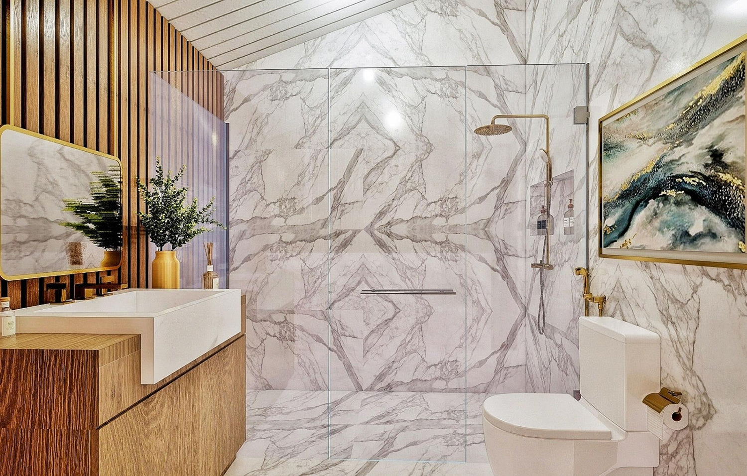 A luxurious bathroom featuring elegant marble walls and a stylish wooden shower for a modern touch.
