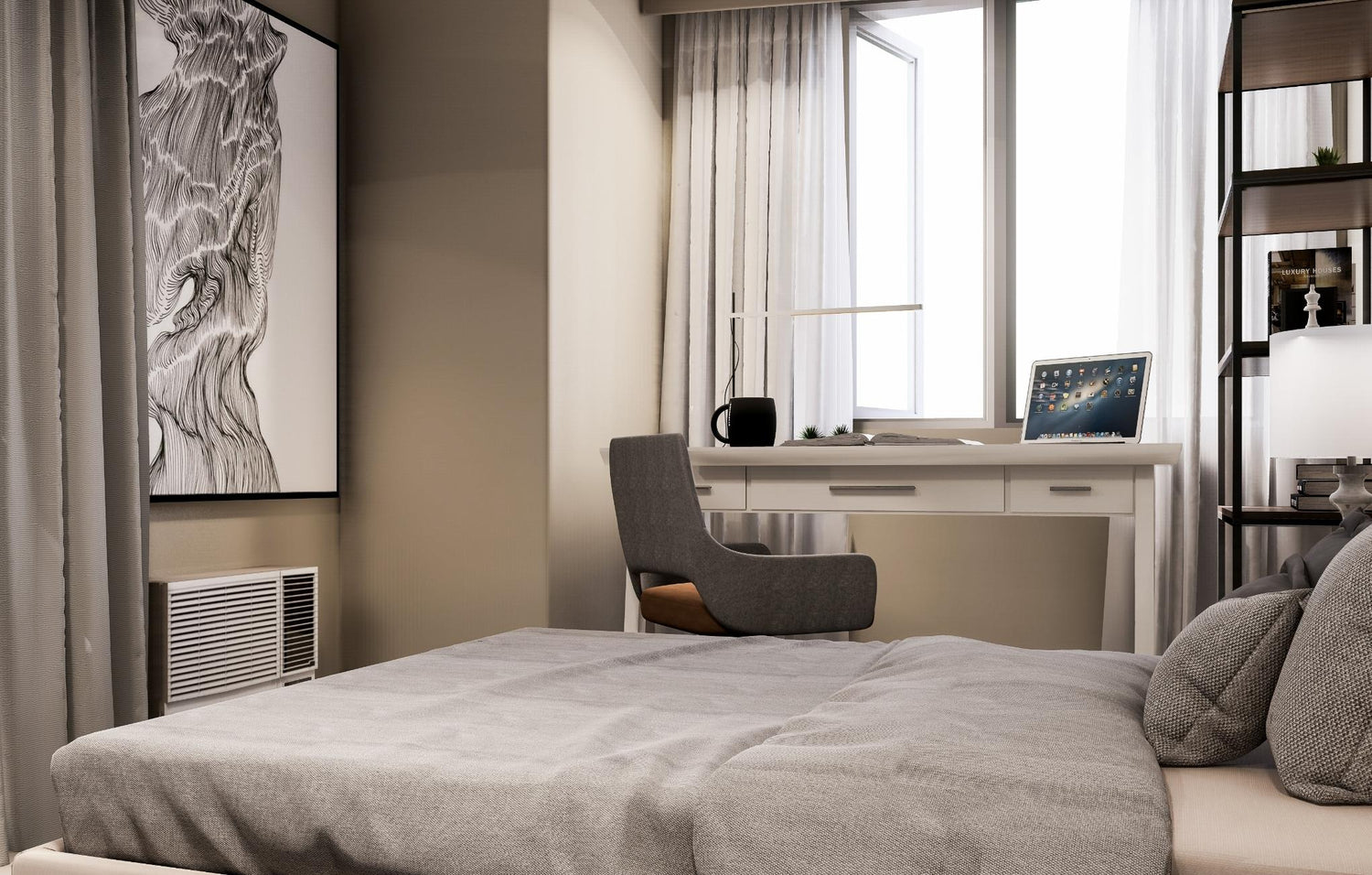  A cozy bedroom featuring a desk and chair, perfect for studying or working from home.