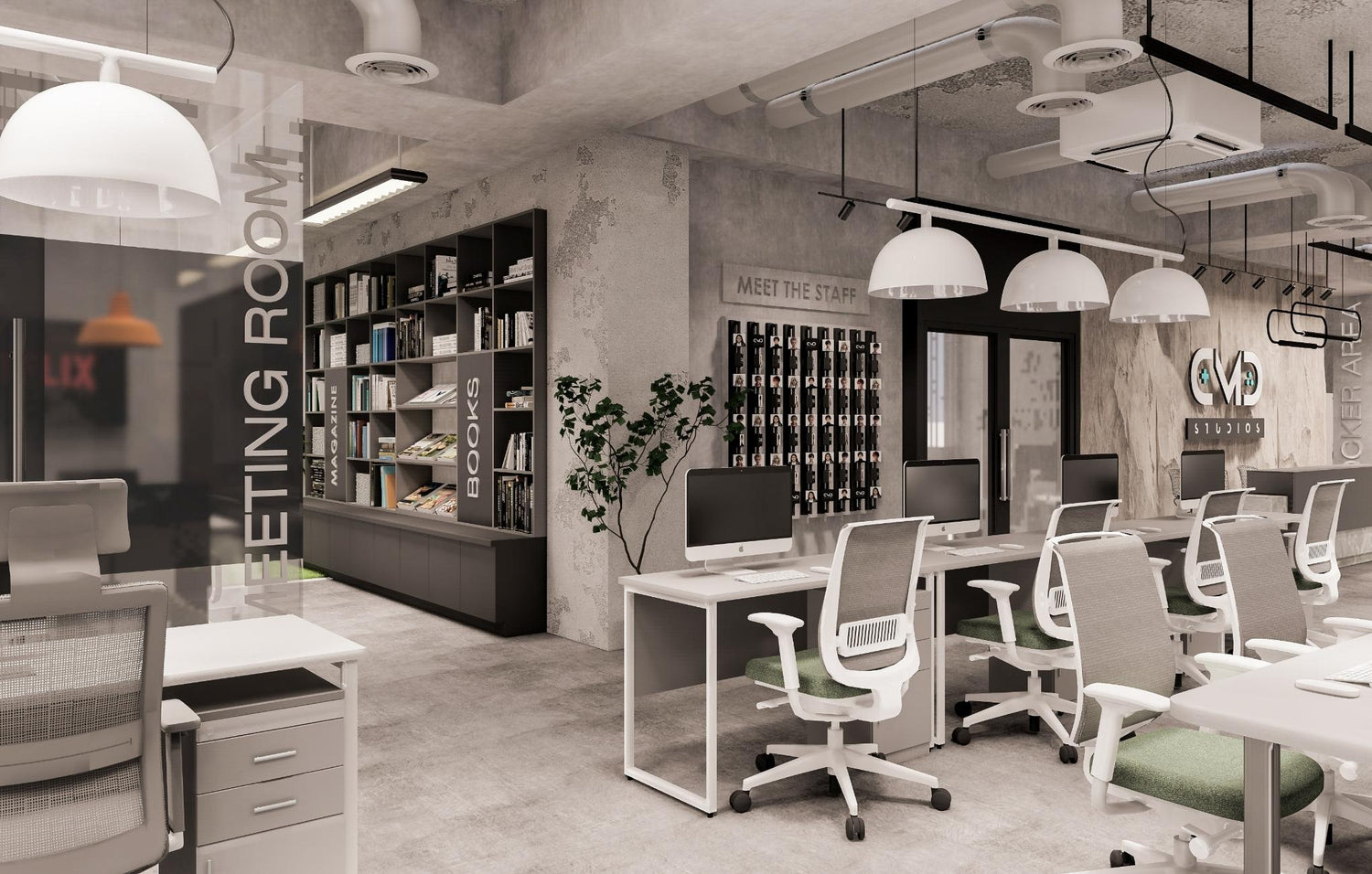 Modern office interior with computers, chairs, a bookshelf, and a meeting room glass door