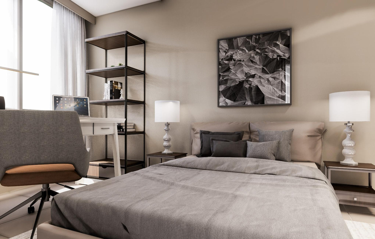 A cozy bedroom featuring a desk and chair, perfect for studying or working from home.
