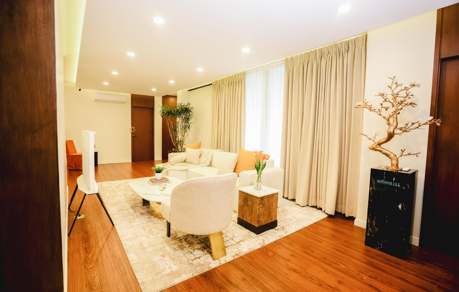  A modern living room showcasing a couch, a coffee table, and a television, perfect for gatherings and entertainment.