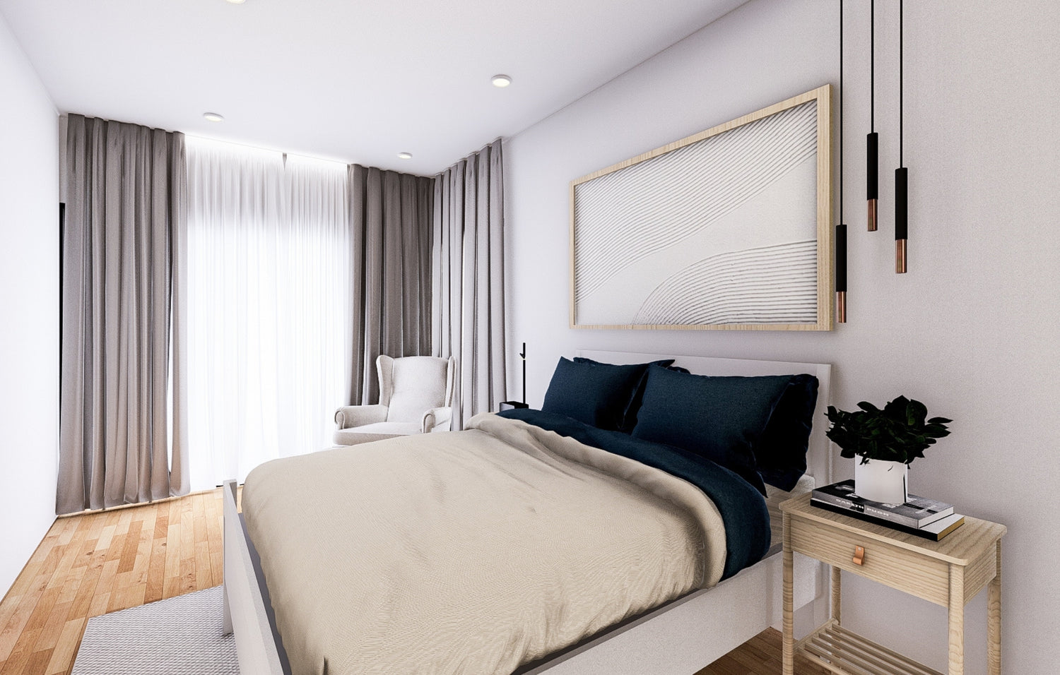 Modern bedroom showcasing a plush bed, chic nightstand, and a spacious window that enhances the room's brightness.