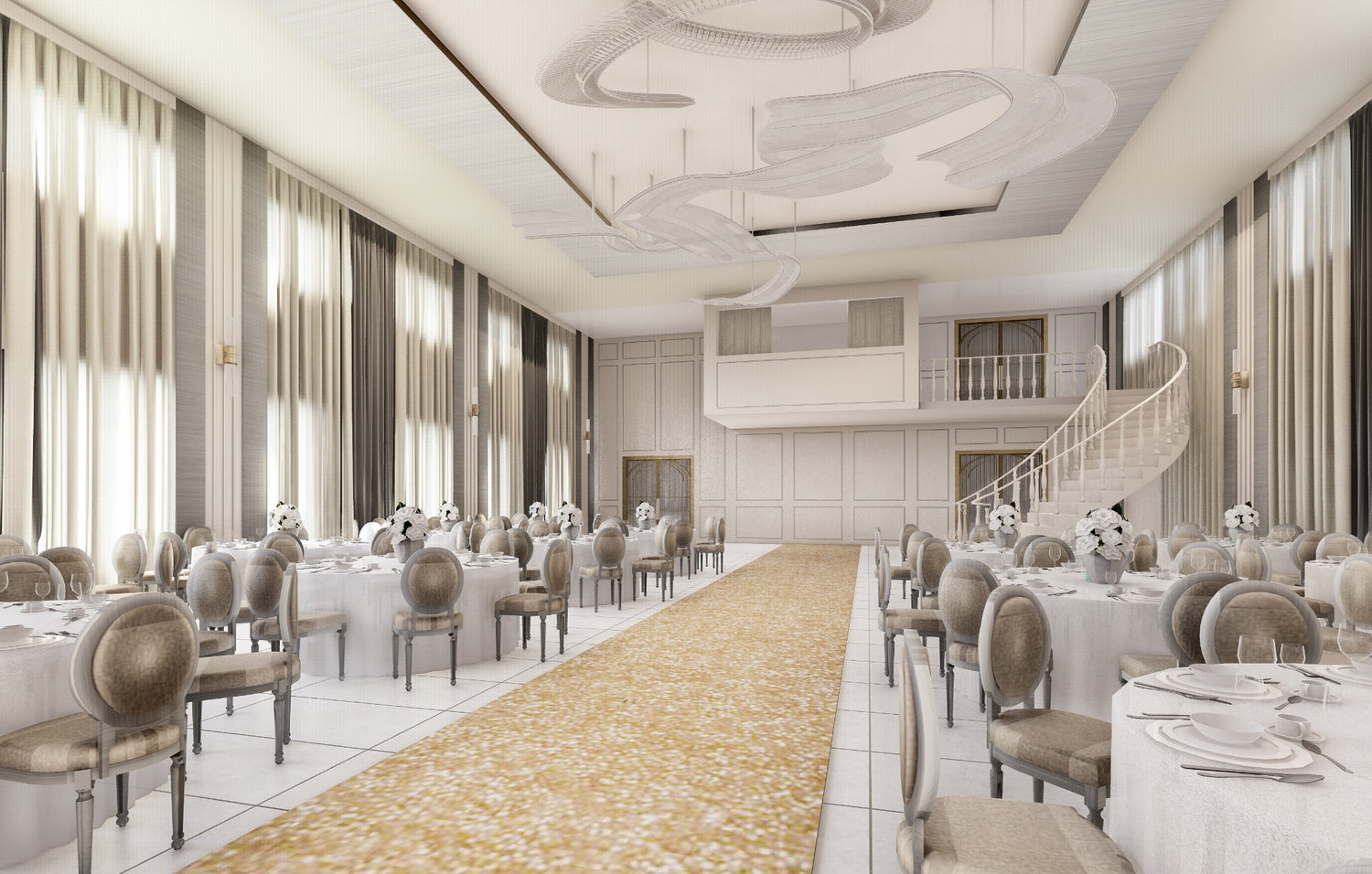 Elegant dining hall with set tables, artistic chandeliers, and a grand staircase.