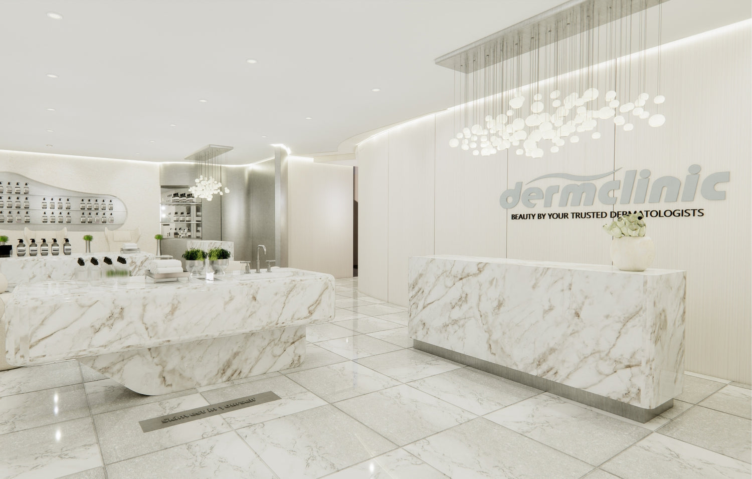 Modern dermatology clinic interior with marble counters, sleek design, and product shelves.