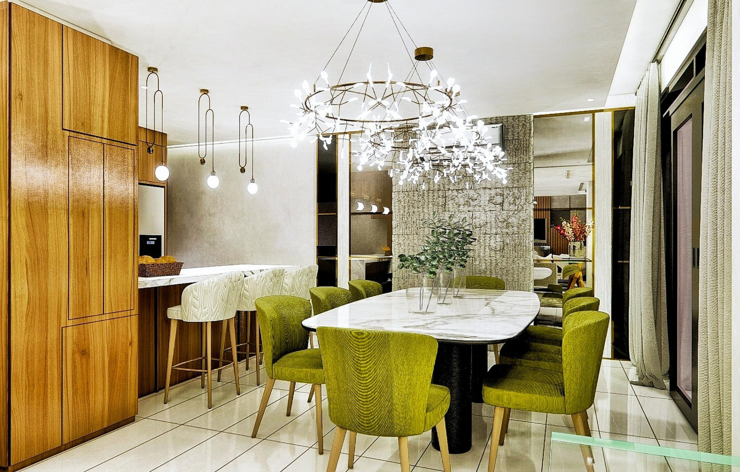  A modern dining room showcasing vibrant green chairs and a beautiful chandelier, enhancing the room's aesthetic appeal.
