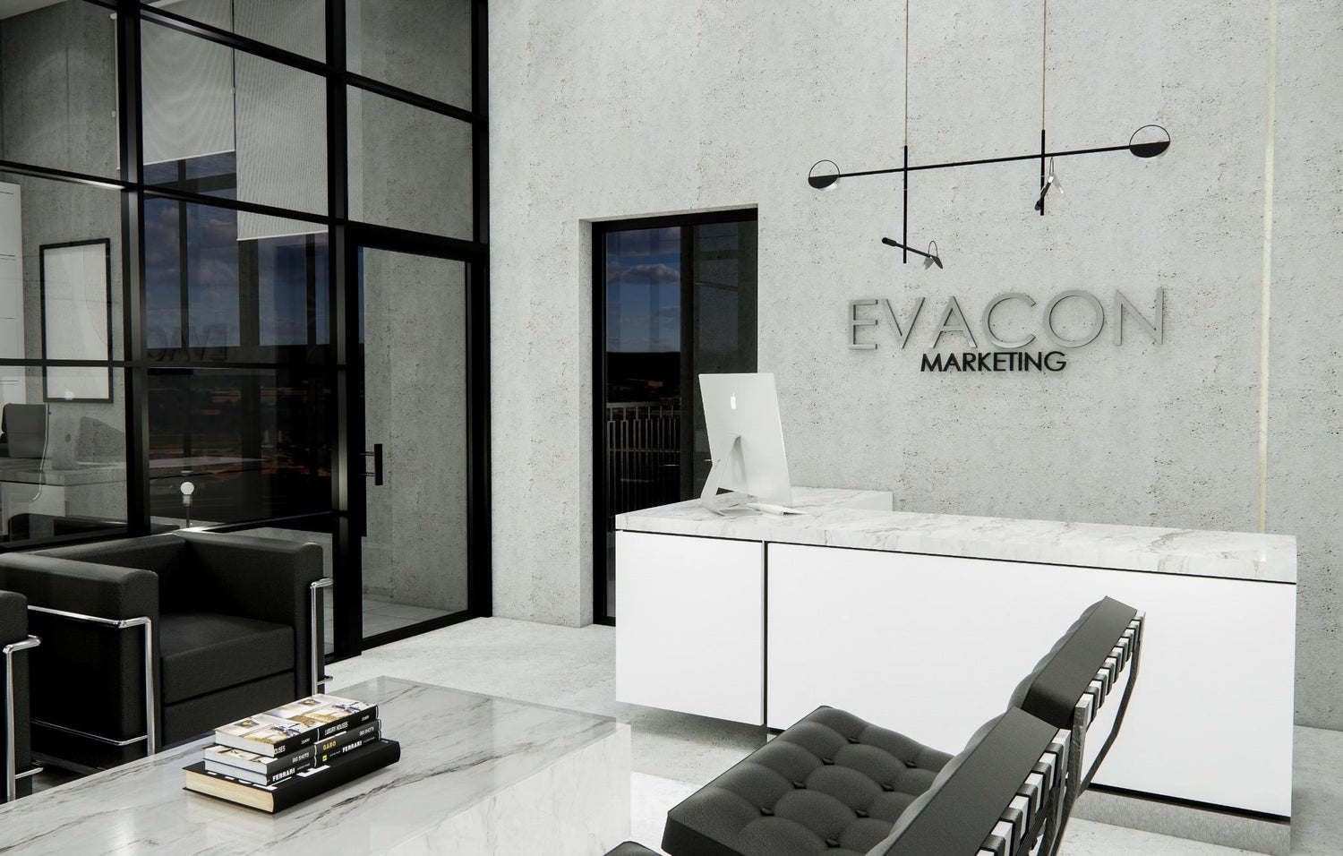 Modern office lobby with "EVACON MARKETING" sign, minimalist furniture, and apple laptop on desk.