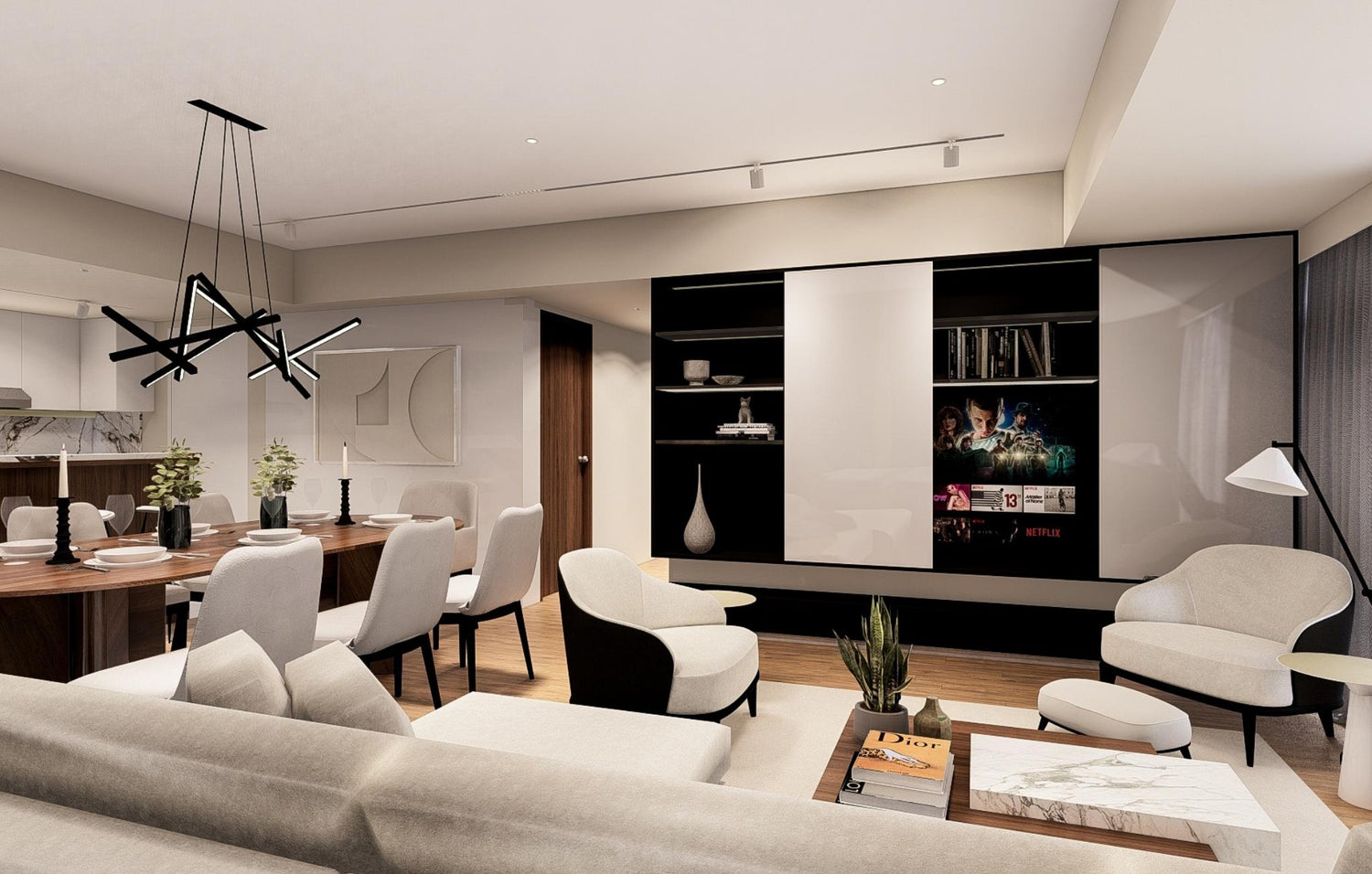 A stylish modern living room featuring a dining table surrounded by chairs, showcasing contemporary decor and design
