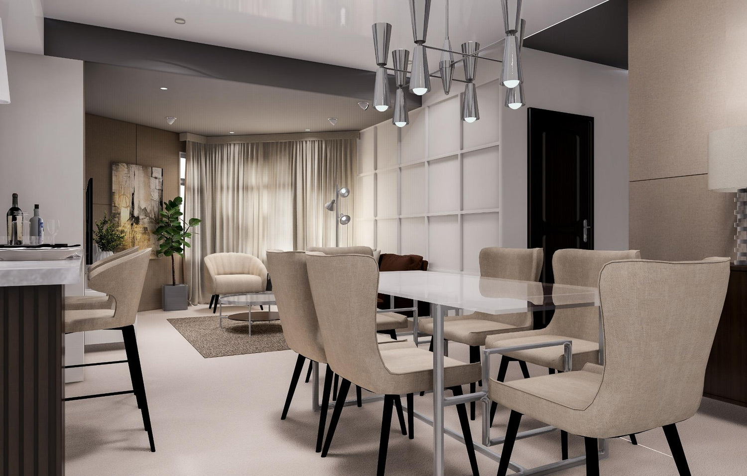 Modern dining area with beige chairs and a minimalist white table creating a bright and inviting atmosphere. 