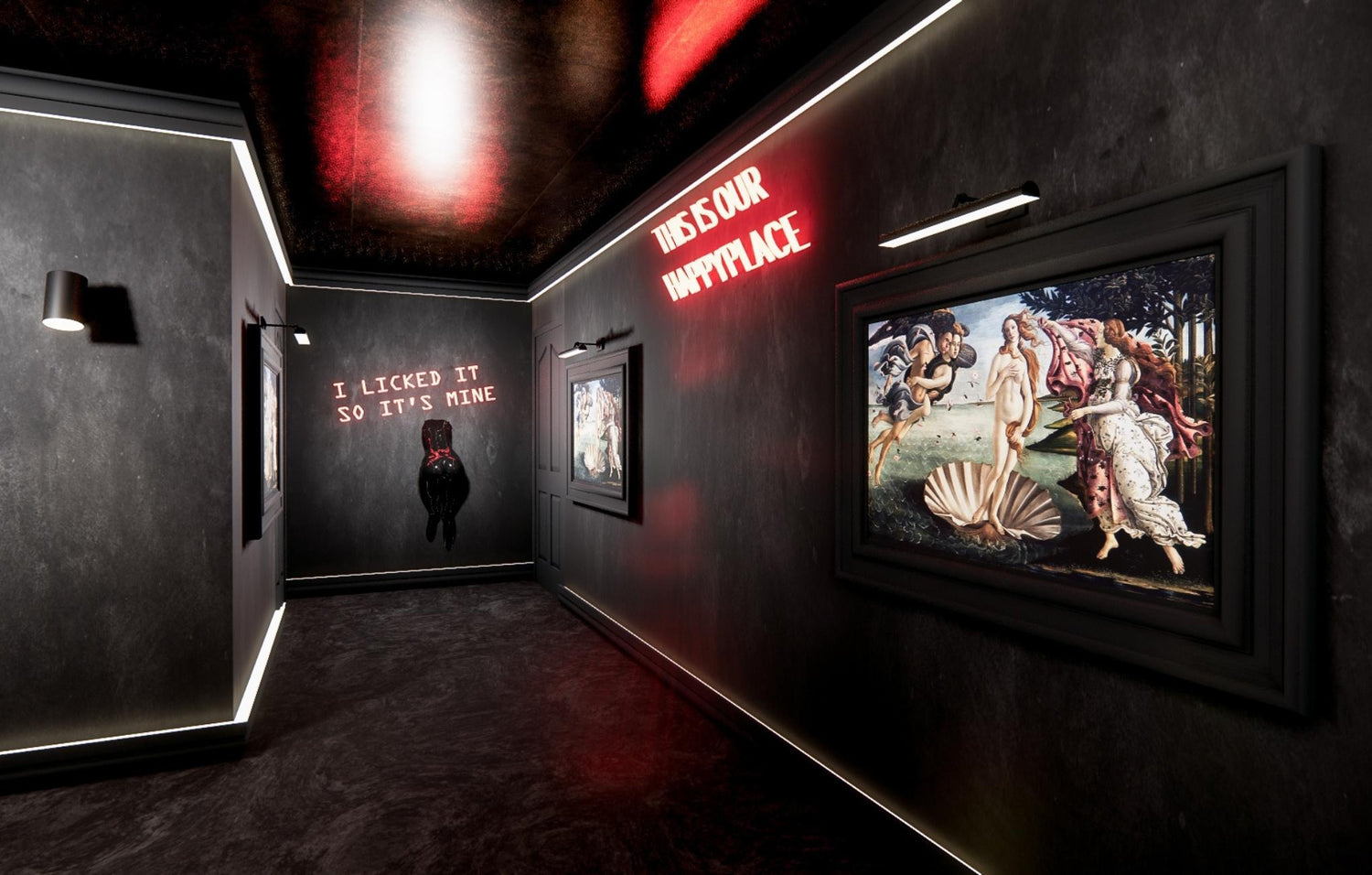 colorful hallway featuring artwork on the walls and a bright neon sign adding a modern touch.