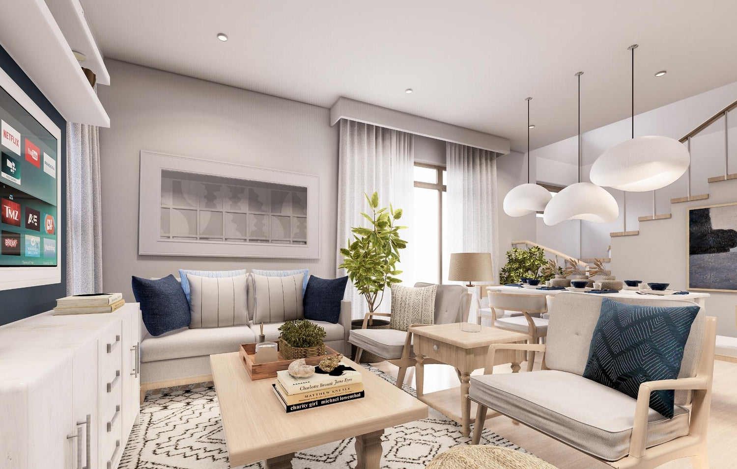 A stylish modern living room featuring white furniture complemented by vibrant blue accents for a fresh, inviting look.
