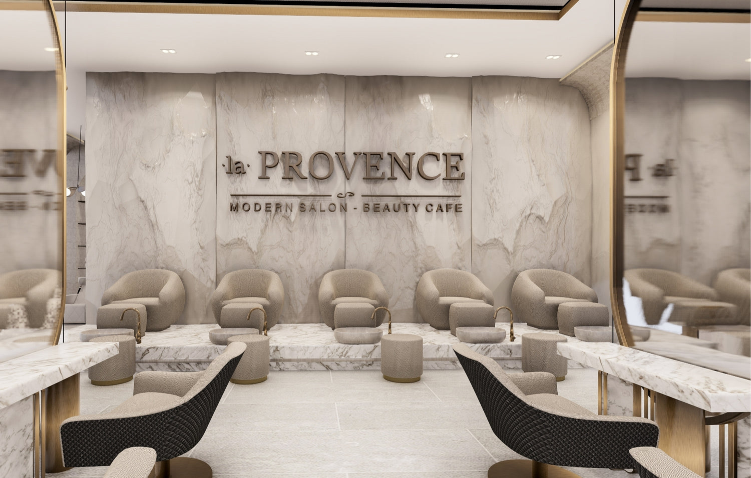 Elegant salon interior with marbled walls and floors, plush seating, and "la PROVENCE" signage.