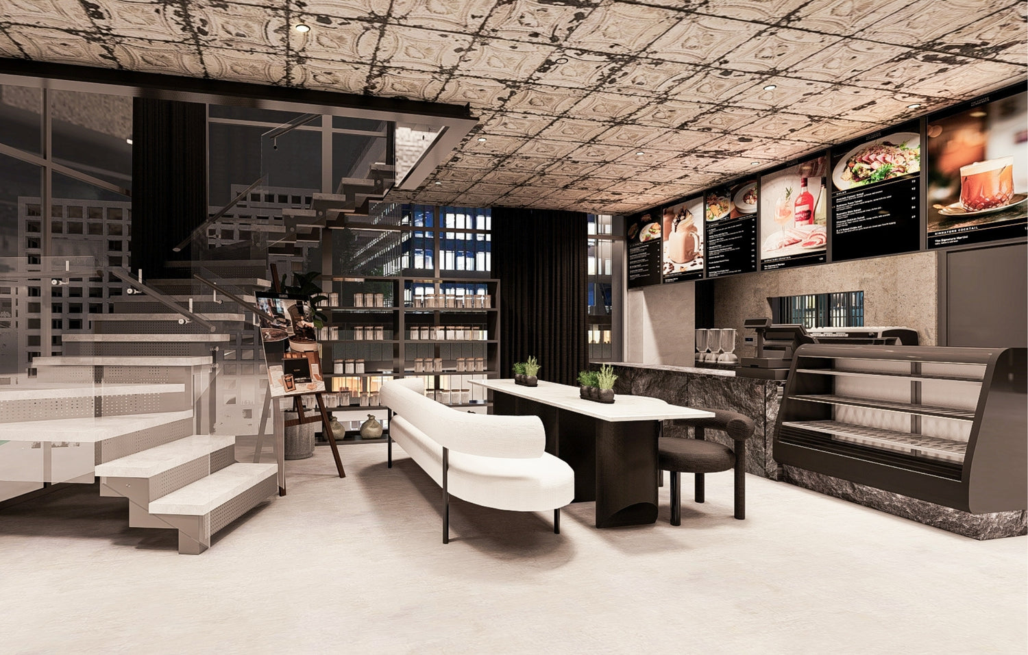 Modern cafe interior with seating, staircase, bookshelves, and menu boards.