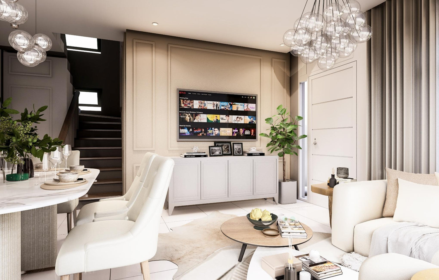  Contemporary living room showcasing white furniture and a beautiful chandelier, creating a bright and airy atmosphere.