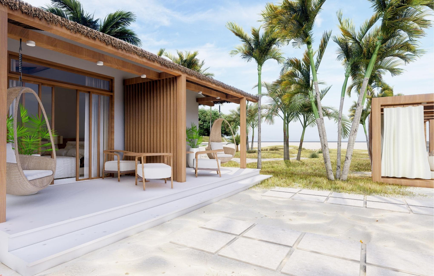 Luxury beach house patio with hanging chairs and palm trees.