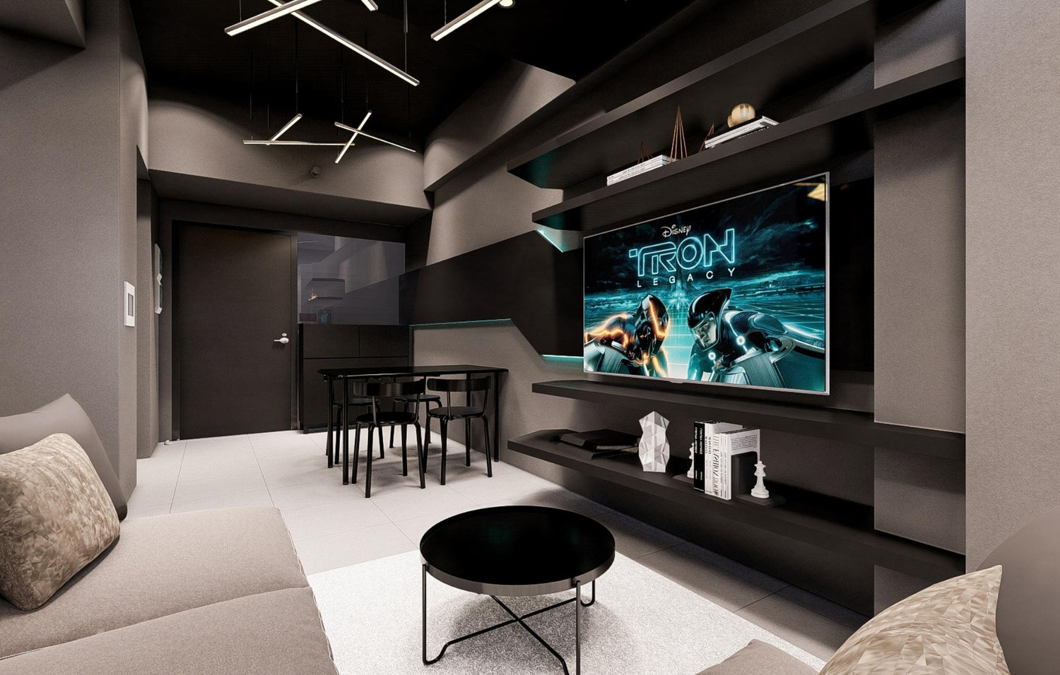 Modern living room with dark tones, TV showing "Tron: Legacy," floating shelves, and stylish furniture.