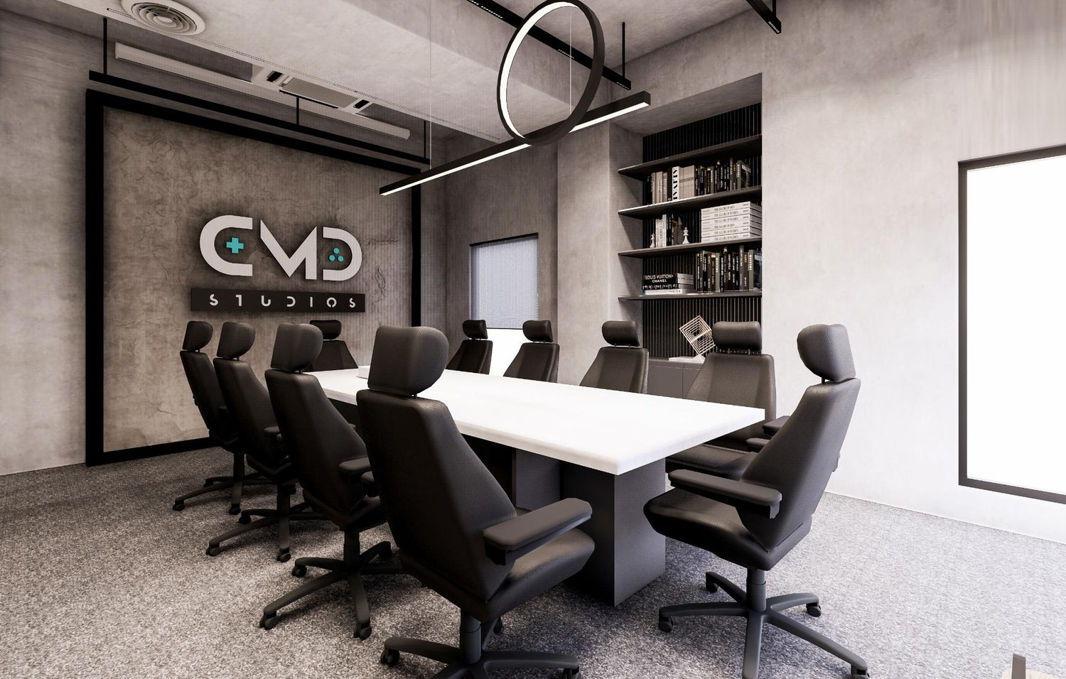 Modern conference room with a long table, black chairs, and unique circular lighting.