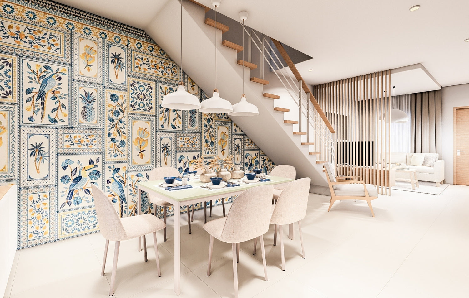 A dining room featuring elegant blue and white tiled walls, creating a fresh and inviting atmosphere.