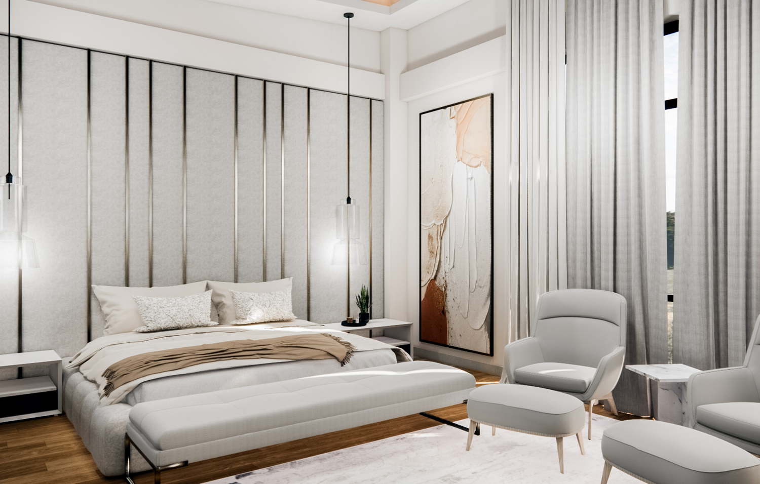 Modern bedroom interior with a neatly made bed, a minimalist chair, and a vibrant painting enhancing the space.