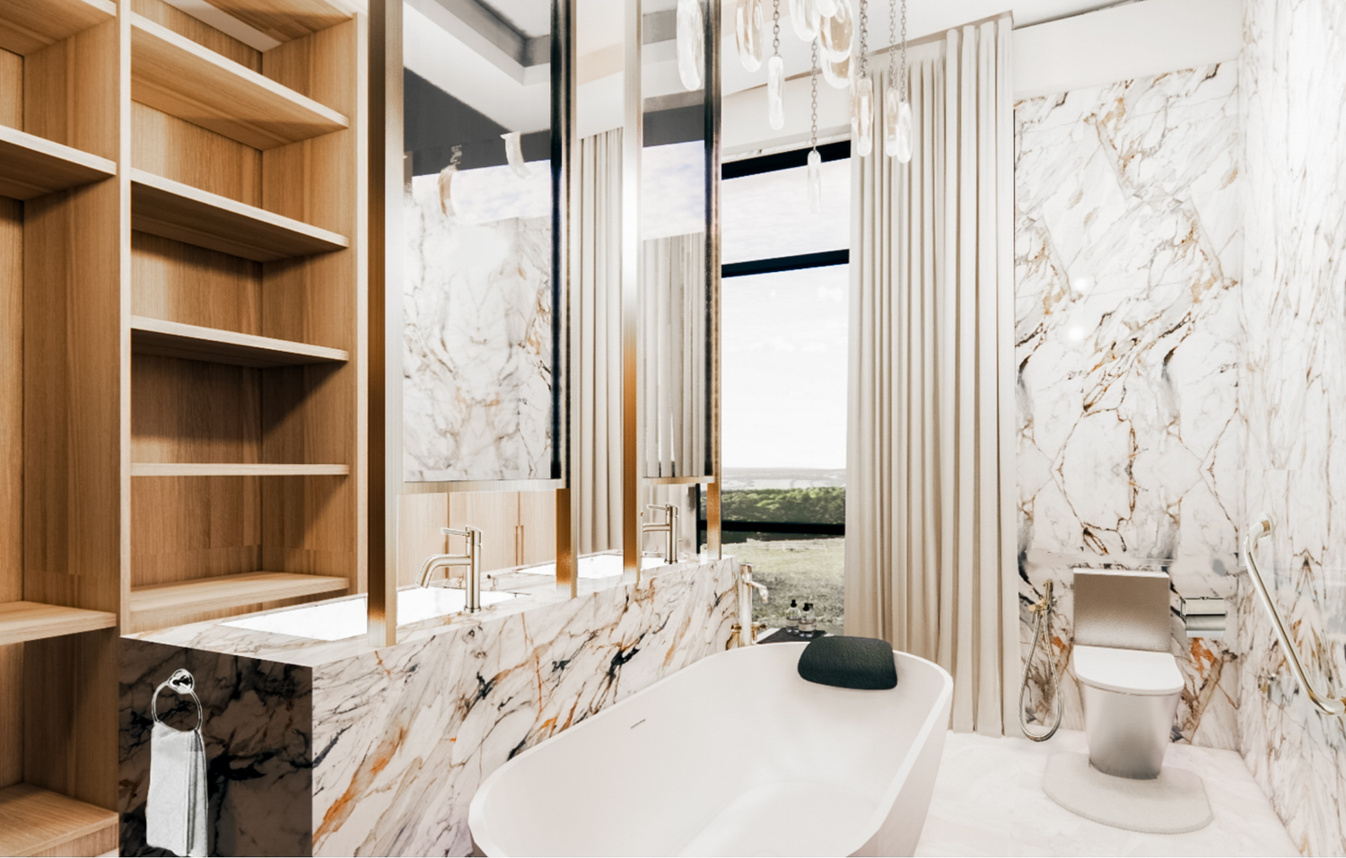  Elegant bathroom featuring luxurious marble walls and a stylish bathtub, creating a serene and sophisticated atmosphere.
