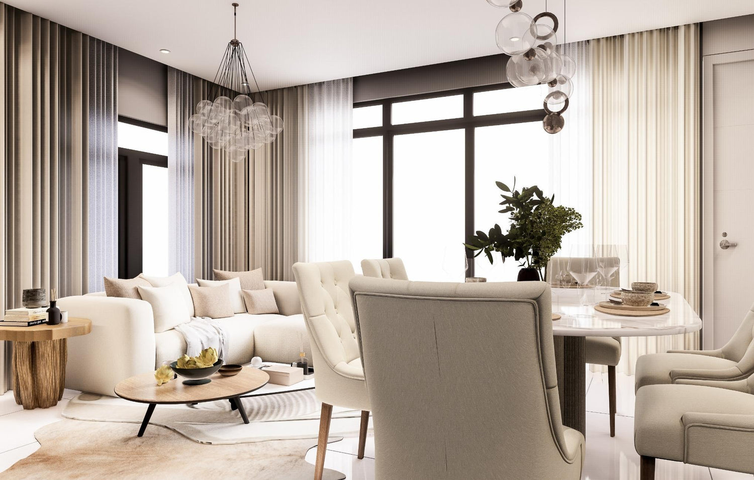 Contemporary living room showcasing elegant white furniture, creating a fresh and inviting space.