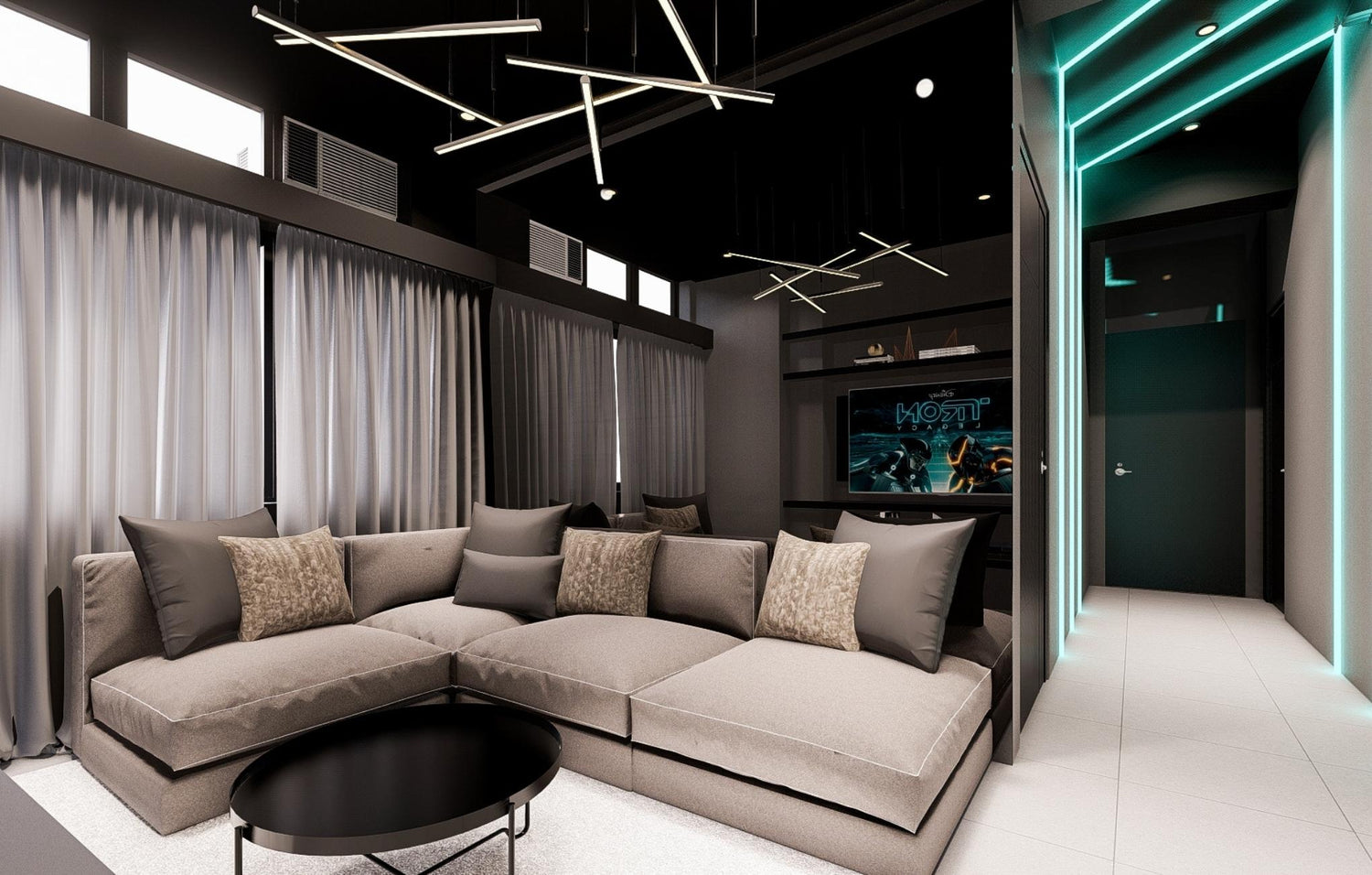 Modern living room with sectional sofa, black ceiling, and neon-lit corridor.