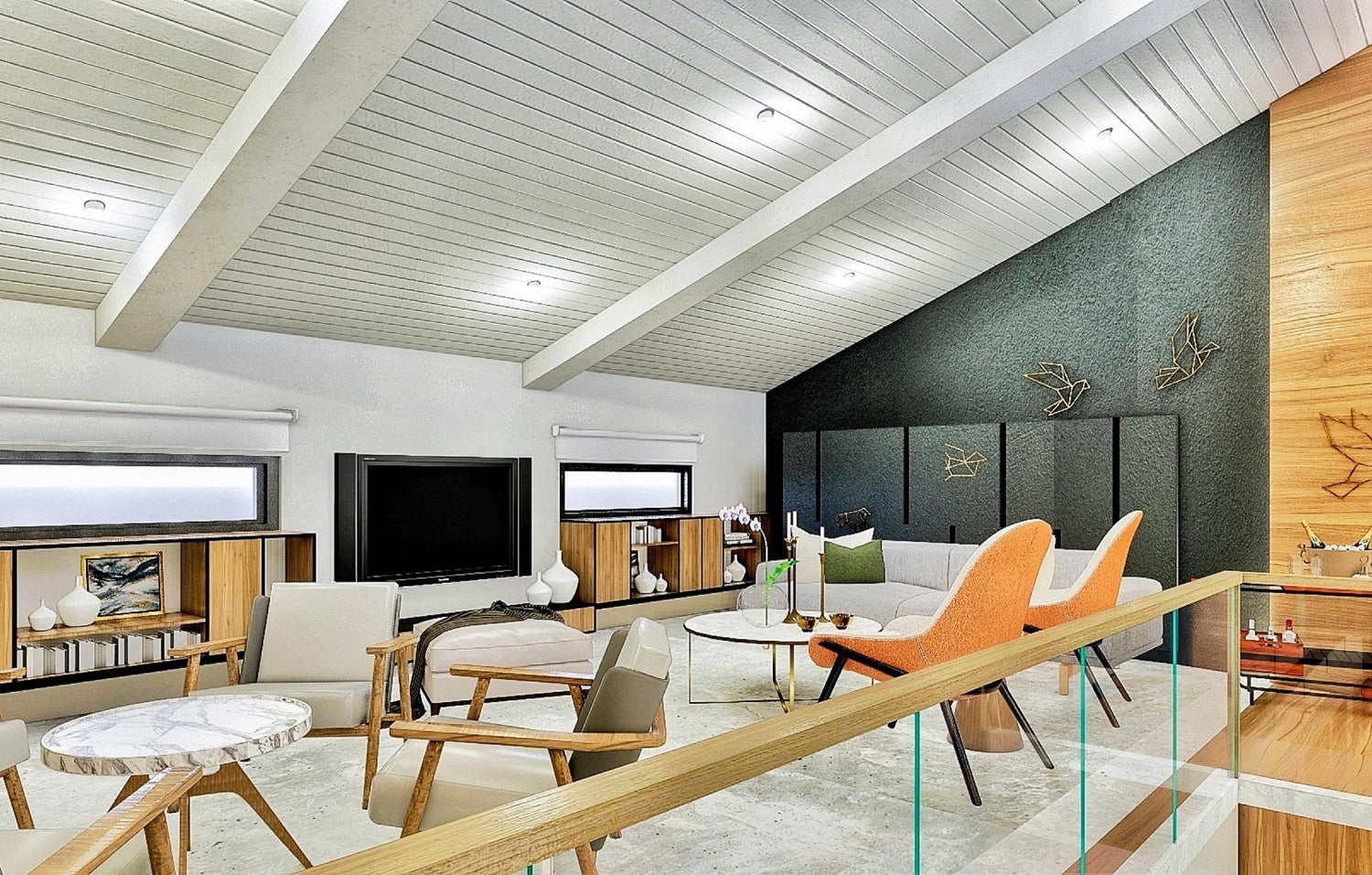 Cozy living room featuring a wooden ceiling and a stunning glass wall, blending nature with modern design.