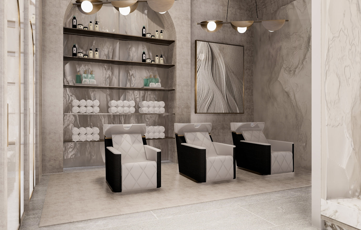 Modern spa lounge with stylish armchairs, shelves of towels, and abstract art.