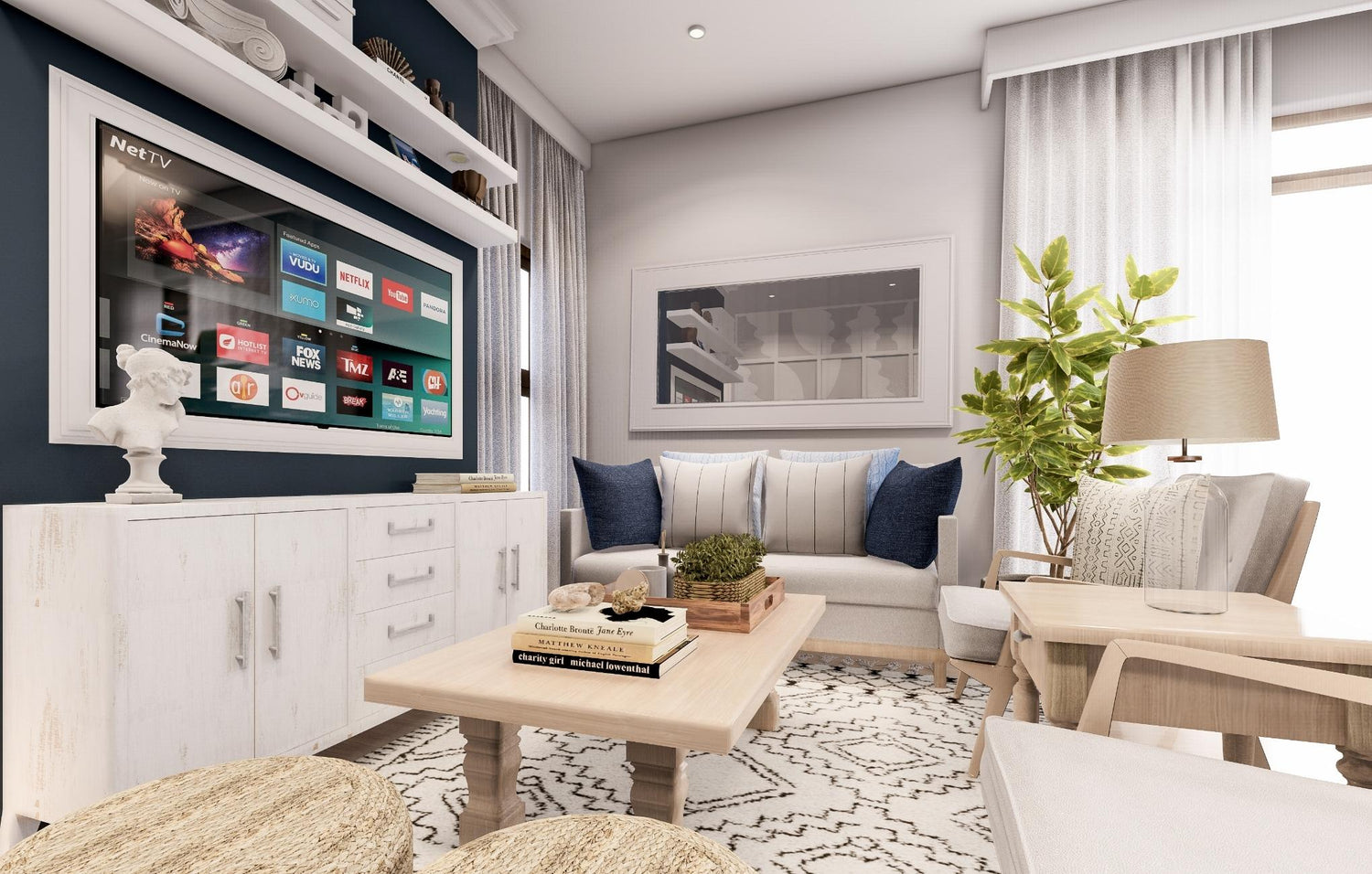 Cozy living room featuring a TV, comfortable couch, and a stylish coffee table, perfect for relaxation and entertainment.