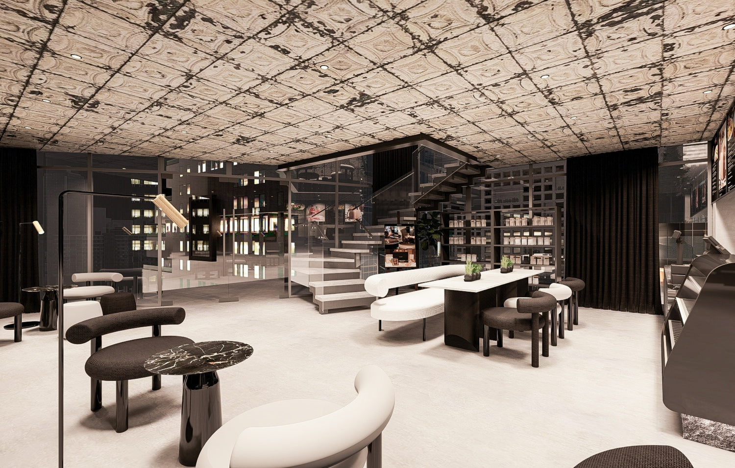 Modern interior with textured ceiling, bookshelves, stairway, and stylish seating.