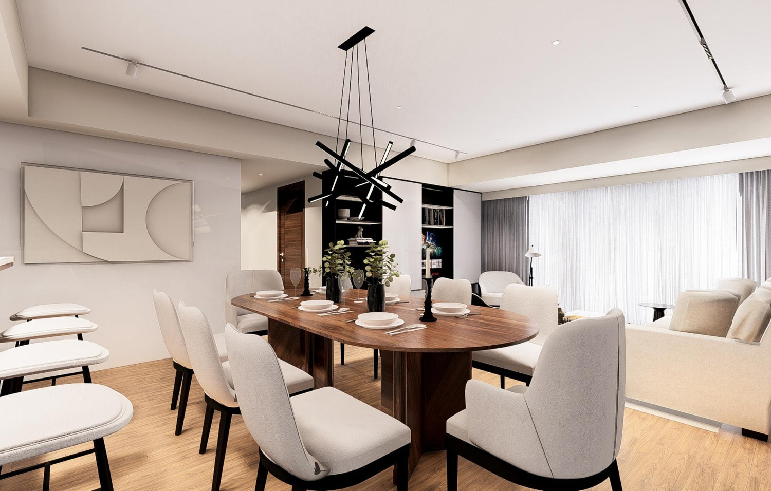 Contemporary dining room with white chairs and a spacious table, creating a bright and inviting atmosphere.
