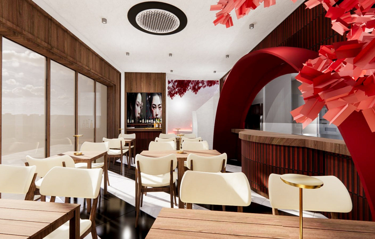Modern cafe interior with white chairs, wooden tables, red geometric wall decor, and a bar area.