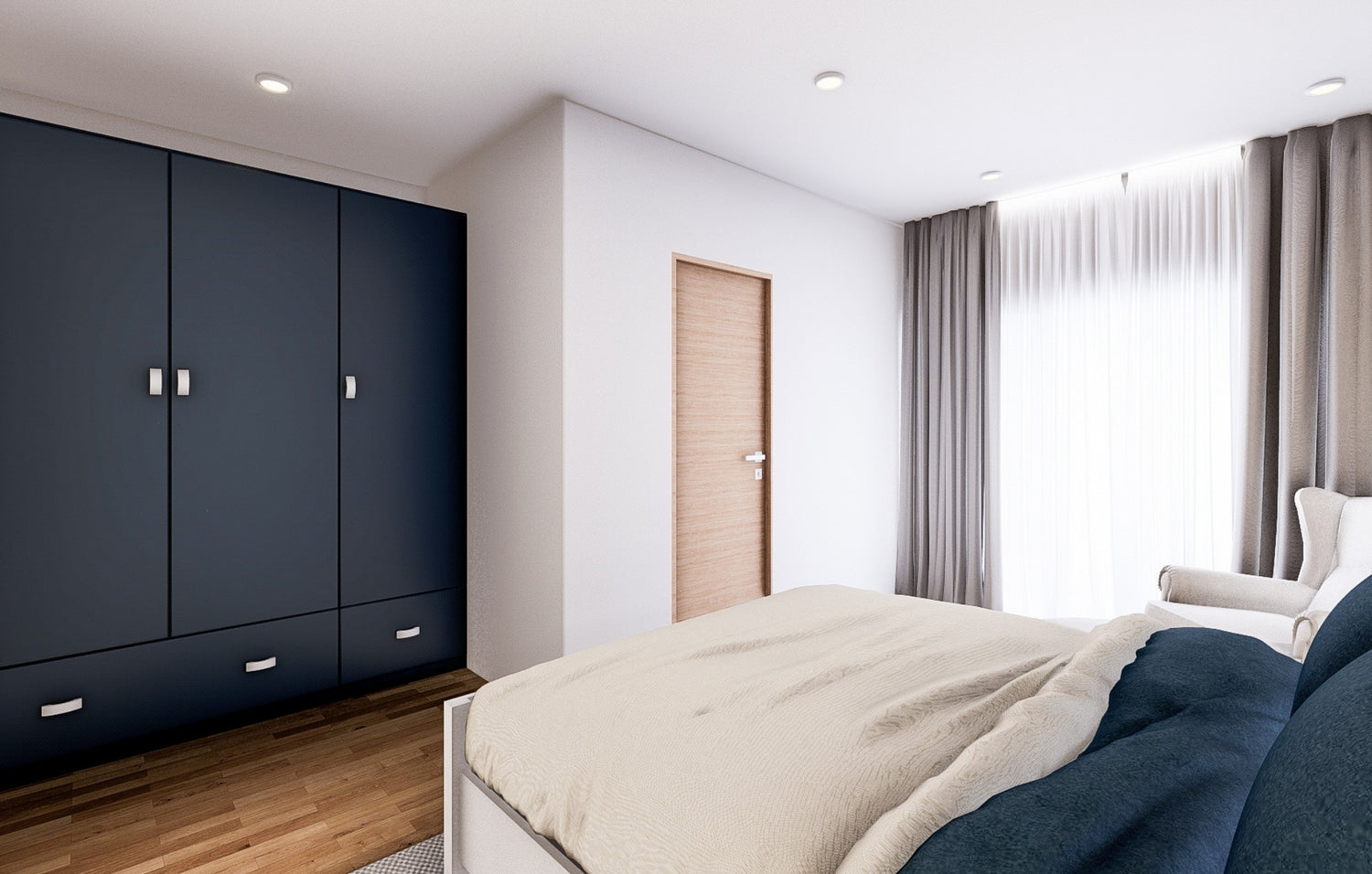 A cozy bedroom featuring blue and white furniture, complemented by a stylish wardrobe.