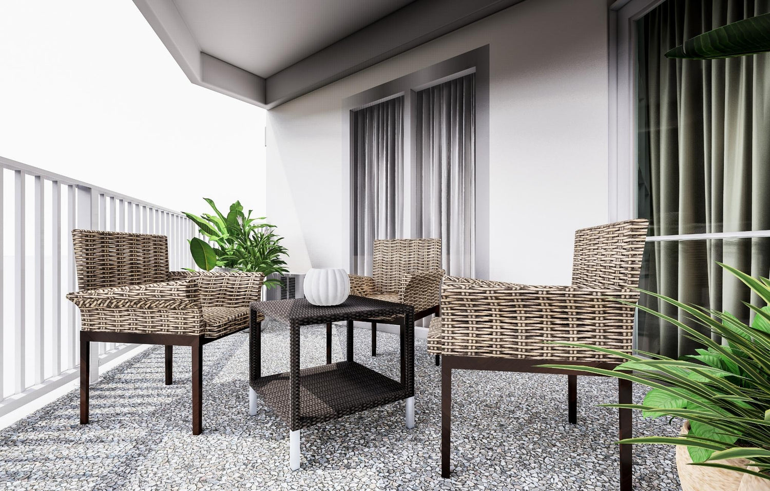 Balcony with rattan chairs, table, and plants, with a view of white curtains and railing.